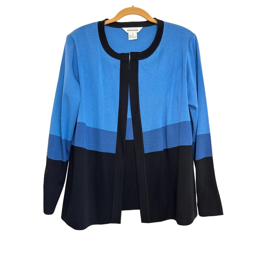 Exclusively Misook Blue Black Striped Open Cardigan sz L